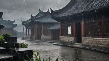 AI generated An ancient city in China with foggy weather in the pouring rain video