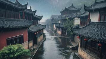 AI generated An ancient city in China with foggy weather in the pouring rain video