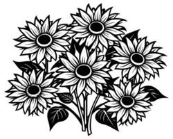 Black and white sketch of sunflowers Vector illustration