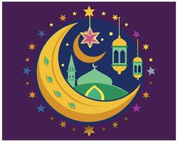 Greeting Card Design with Lantern and Crescent Hanging Against vector illustration