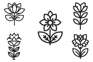 Flower With Leaf Elements Set Outline Vector Illustration On White Background