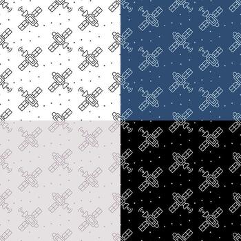 set of seamless patterns with Satellite fly and transmit communication signal. Ornament for decoration and printing on fabric. Design element. Vector
