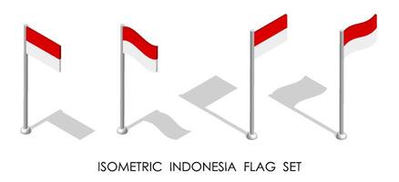 isometric flag of Republic of Indonesia in static position and in motion on flagpole. 3d vector