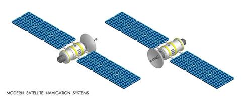 Isometric Satellite with open solar panels fly and transmit communication signal. Satellite communication and GPS navigation. Realistic 3D vector