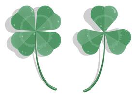 Realistic three and four leaf clover in cartoon style. Clover leaf with dew drops. Holiday symbol, mascot. Isolated vector on white background