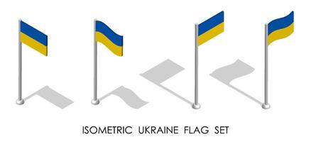 isometric flag of UKRAINE in static position and in motion on flagpole. 3d vector