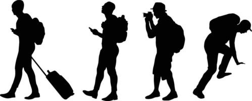 Set of traveler silhouette in various pose illustration vector