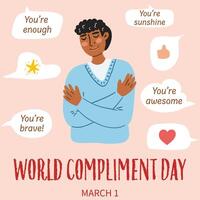 Concept of World Compliment Day. Hand drawn illustration of man hugging himself vector