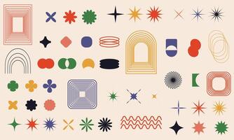 Swiss bauhaus y2k brutalist elements. Abstract geometric shapes, contemporary flower, star figures. Vector memphis design, primitive element set.