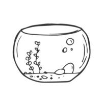 Aquarium for golden fish. Glass round bowl. Hand drawn vector illustration isolated on white.