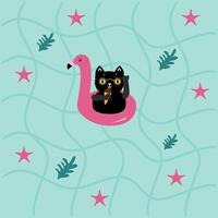 verano ilustración de un negro gato comiendo hielo crema en un flamenco piscina flotador adecuado para fondo de pantalla, tela, textil diseño, cama hoja, sofá almohada patrón, papelería, envase papel, bolsa, totalizador bolso vector