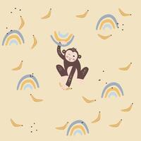 Childish Seamless Pattern With Cute Monkey, Banana And Boho Rainbow Creative Texture For Fabric And Textile Stock Illustration vector