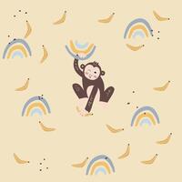 Childish Seamless Pattern With Cute Monkey, Banana And Boho Rainbow Creative Texture For Fabric And Textile Stock Illustration vector