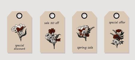 Vector set of discount price tags. Labels with Wild flowers and leaves. Spring sale.