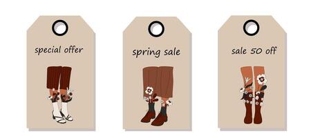 Vector set of discount price tags. Labels with Female legs in boots. Cool footwear with flowers. Spring sale.