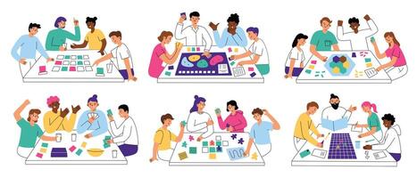 People playing table games, collection of compositions with cartoon characters, board games scenes, vector illustrations of adults sitting together at table and having fun, leisure activity at home