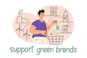 Sustainable food composition, eco products icons, vector illustration of man character in supermarket, buying eco friendly grocery, support green production, poster with lettering, ecology concept