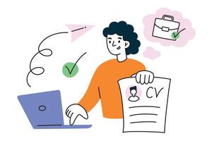 empleado enviando CV, mujer aplicando para trabajo, plano composición con computadora portátil, garabatear íconos de enviando correo, humano recursos vector ilustración, demostración currículum con trabajo experiencia, hora concepto