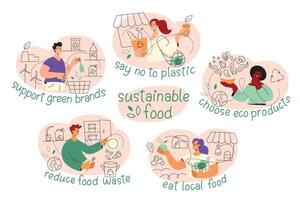 Sustainable diet scenes collection. People buy local, reduce waste, eat eco friendly food. Ecology compositions set with lettering. Vector illustrations of green lifestyle and sustainability