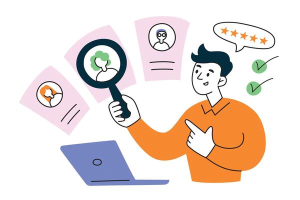 HR manager choosing employee, forming team composition, doodle icons of cv and resume, man with magnifying glass vector illustration, finding job candidates, recruitment concept, searching for talents