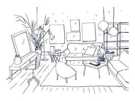 Monochrome drawing of interior of living room with sofa, chairs, coffee table and other modern furnishings. Hand drawn sketch of apartment furnished in Scandinavian or loft style. Vector illustration.