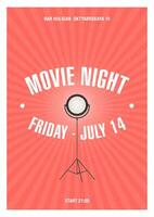 Bright colored poster or invitation template for movie night or film festival with glowing spotlight standing on tripod drawn in retro style. Vector illustration for cinema event announcement.