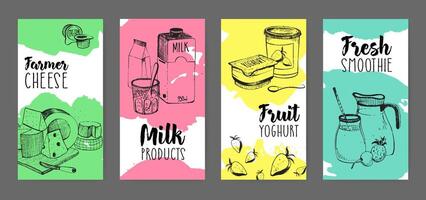 Collection of flyers with dairy products advertisement - farmer cheese, milk, fruit yogurt, fresh smoothie hand drawn on white background with bright colored stains of paint. Vector illustration.