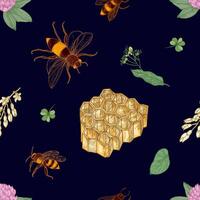 Elegant colorful seamless pattern with hand drawn bees, honeycomb, linden leaves and blooming meadow flowers on dark background. Natural vector illustration for textile print, wallpaper.