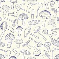 Beautiful monochrome seamless pattern with outlines of inedible forest mushrooms. Toxic and poisonous fungus of different types hand drawn with contour lines on light background. Vector illustration.