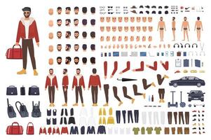 Caucasian man creation set or DIY kit. Collection of flat cartoon character body parts, facial gestures, hairstyles, clothing isolated on white background. Vector illustration. front, side, back view.
