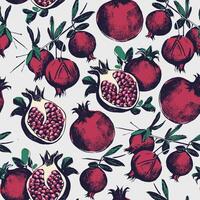 Gorgeous seamless pattern with cut and whole pomegranates growing on branch with green leaves. Delicious fresh fruits. Botanical vector illustration for wrapping paper, textile print, wallpaper.