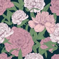 Beautiful floral seamless pattern with pink peonies and green leaves on dark background. Blooming flowers hand drawn in antique style. Botanical vector illustration for fabric print, wallpaper.