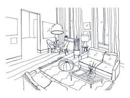 Freehand drawing of living room full of stylish comfortable furniture and home decorations. Sketch of interior of modern apartment hand drawn in black and white colors. Monochrome vector illustration.