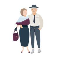 Couple of smiling and embracing old lady and gentleman dressed in elegant evening clothes. Pair of elderly people in love. Cute cartoon characters isolated on white background. Vector illustration.