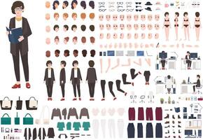 Secretary woman creation set or DIY kit. Collection of female cartoon character's body parts, face expressions, gestures, clothing and accessories isolated on white background. Vector illustration.