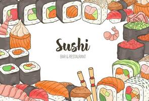 Horizontal template with colorful frame consisted of various types of Japanese sushi and rolls on white background. Hand drawn vector illustration for menu or banner of Asian food restaurant.