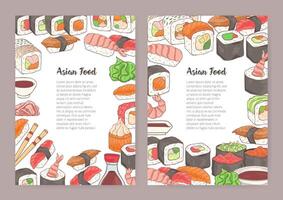 Set of templates with place for text in center and colorful frame consisted of different kinds of sushi, rolls, soy sauce. Vector illustration for menu, flyer, advertisement of Japanese restaurant.