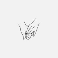 Holding hands drawn by contour lines isolated on white background. Sign of love, friendship, support, romantic relationship, intimacy, togetherness. Vector illustration in monochrome colors.