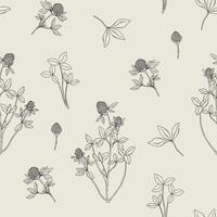 Beautiful floral seamless pattern with red clover on light background. Meadow flowers and leaves hand drawn in retro style. Vector black and white illustration.