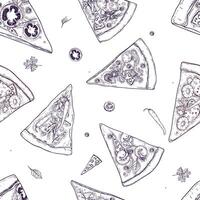 Monochrome seamless pattern with slices of different pizza types and ingredients scattered around on white background. Vector illustration for restaurant or pizzeria menu, delivery service.