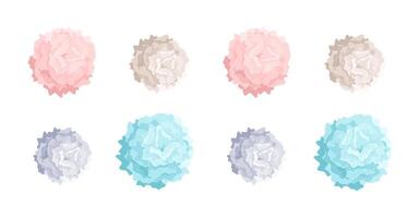 Collection of pastel colored pom poms of different size. Dance props used in choreography performances and cheerleading. Colorful decorative elements isolated on white background. Vector illustration.
