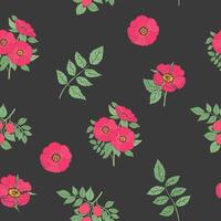 floral sin costura modelo con elegante perro Rosa flores, tallos y hojas mano dibujado en retro estilo en negro antecedentes. botánico vector ilustración para envase papel, tela imprimir, fondo de pantalla.