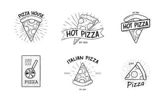 Collection of monochrome logotypes with pizza slices and wheel cutter hand drawn in retro style. Vector illustration in black and white colors for logo of Italian restaurant, food delivery service.