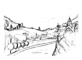 Rough draft of small Georgian town street, buildings and trees against mountains on background. Landscape with settlement located near hills hand drawn in monochrome colors. Sketch vector illustration