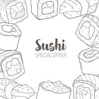 monocromo antecedentes con marco consistía de diferente tipos de japonés Sushi y rollos mano dibujado con contorno líneas. especial oferta. vector ilustración para asiático restaurante anuncio publicitario.