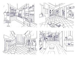 Outline drawings of clothing boutique interior with furnishings, counters, showcases, mannequins dressed in fashionable clothes. Hand drawn fashion store or trendy apparel shop. Vector illustration.
