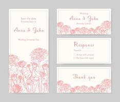 Collection of elegant templates for flyer, Save the Date card or wedding invitation with beautiful Japanese chrysanthemum flowers hand drawn with pink lines on white background. Vector illustration.