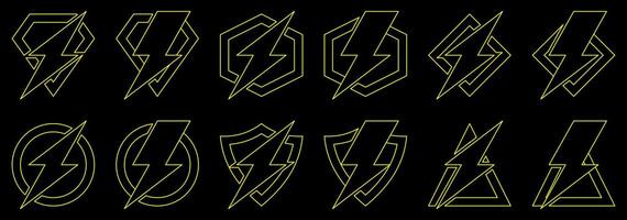 lightning flash line art icon collection. vector isolated on black background. electric power energy symbol design.