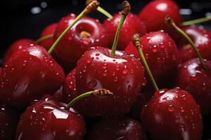 ai generado un cerca arriba de un cuenco de cerezas con agua gotas foto