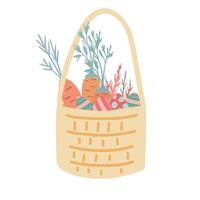 primavera hora Pascua de Resurrección cesta plano diseño con zanahorias y de colores huevos vector